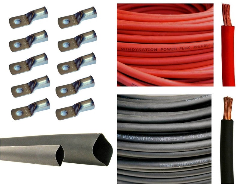 WindyNation WNI 8 AWG 8 Gauge 25 Feet Black + 25 Feet Red Battery Welding Pure Copper Ultra Flexible Cable + 5pcs of 5/16" & 5pcs 3/8" Copper Cable Lug Terminal Connectors + 3 Feet Heat Shrink Tubing - Image 1